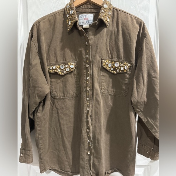 VTG Brown Bejeweled Rhinestone Button-Up Shirt 100% Cotton - Picture 2 of 7